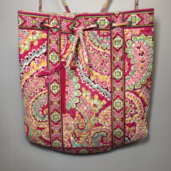 Vera Bradley Capri Melon Paisley Print Quilted Drawstring Backpack - Picture 2 of 7